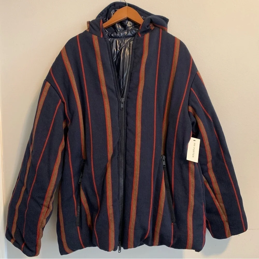 DRIES VAN NOTEN Down Reversible Puffer Jacket XL Cotton Linen Navy Stripes NWT